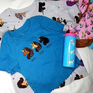 2 NWT Afro Unicorn Girls 14/16 shirts with ZAK Unicorn water bottle & backpack
